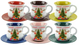 Vánoční, keramický šálek se sobíky a s podšálkem.