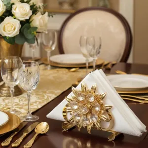 Exkluzivní pozlacený ubrouskovník s křišťály pro slavnostní stolování