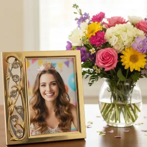 Pozlacený fotorámeček s květinovým ornamentem a Swarovski krystaly