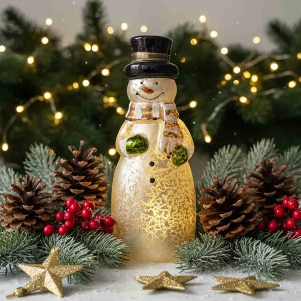 ⛄ Svítící Skleněný Sněhulák s Kloboukem a Teplým Světlem 🎩