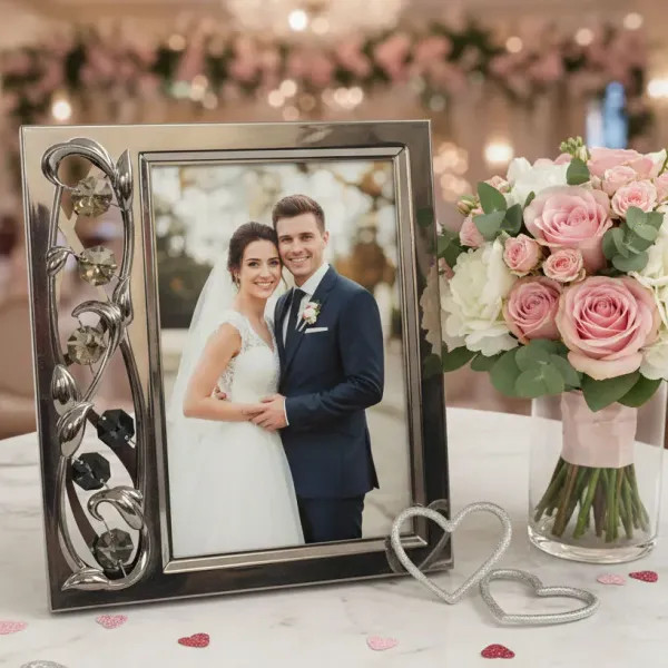 Postříbřený fotorámeček s květinovým ornamentem a Swarovski krystaly