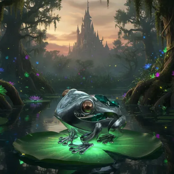 Postříbřená dekorace Žabka se smaragdovými krystaly