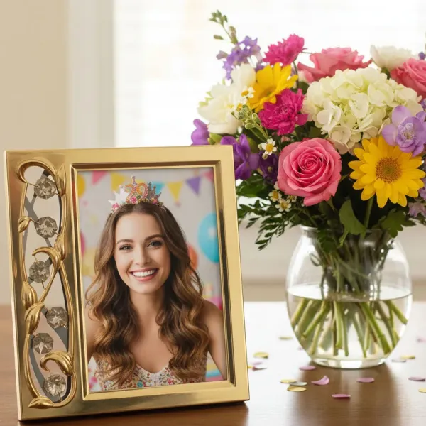 Pozlacený fotorámeček s květinovým ornamentem a Swarovski krystaly